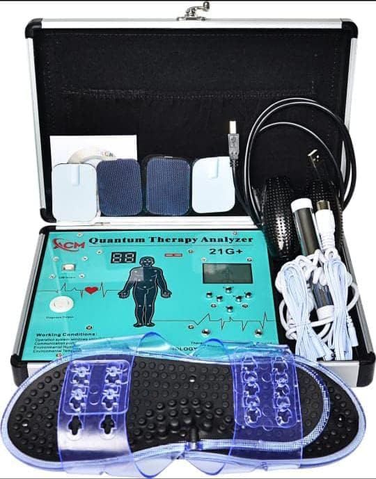 21g+ Quantum Body Analyzer Latest Technology Machine for Full Body Check Up Body Fat Check Machine German Technology (WITH THEARPY) Stimulation Rubber Handle, Slipper and Electro Patch, Blue product image
